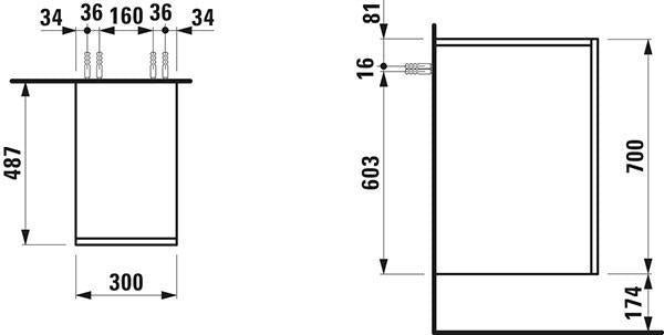 LAUFEN KARTELL Seitenelement 700 x 300 x 485 mm, 1 Tür links, Push & Pull, weiß matt