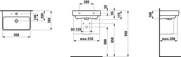 LAUFEN PRO S Waschtisch 550x380mm Kompakt mit Überlauf, 1 Hahnloch, Weiß