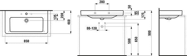 LAUFEN PRO S Aufsatzwaschtisch 850x460mm mit Überlauf, 1 Hahnloch, weiß – rechteckig, Wandmontage