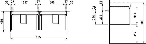 LAUFEN PRO S Waschtischunterbau 1260 mm, 2 Schubladen, weiß matt – Wandmontage