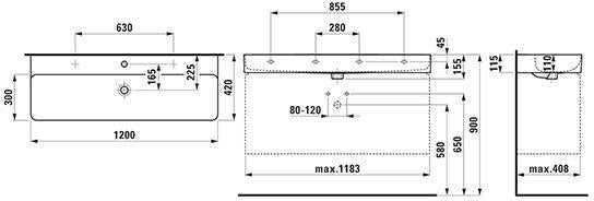 LAUFEN Waschtisch VAL 1200x420mm mit Überlauf, 1 Hahnloch, weiß – Wandmontage