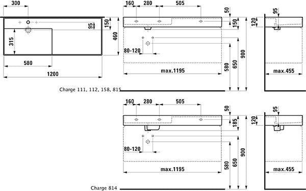LAUFEN Waschtisch KARTELL LAUFEN 1200x460 mm Ablage rechts, 1 Hahnloch, ohne Überlauf, weiß