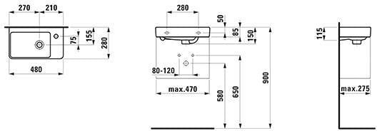 LAUFEN PRO S Handwaschbecken 480x280 mm asymmetrisch, 1 Hahnloch rechts, mit Überlauf, weiß