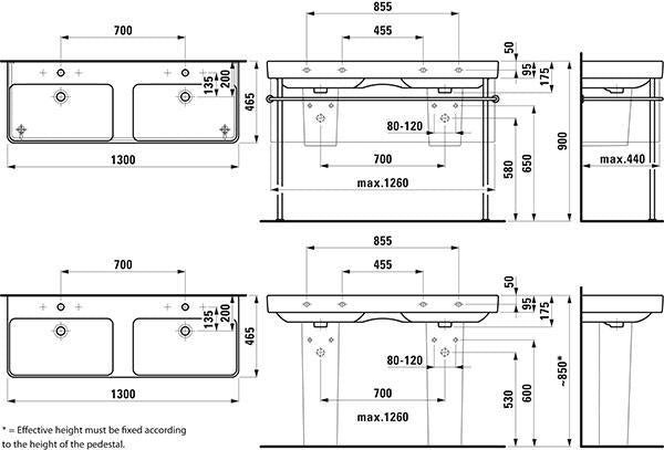 LAUFEN PRO S Doppelwaschtisch 1300x460 mm, 2x 1 Hahnloch, mit Überlauf, weiß