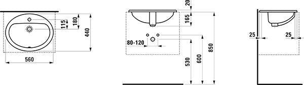 LAUFEN PRO B Einbauwaschtisch 560x440 mm weiß mit Überlauf und 1 Hahnloch