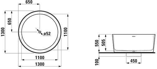 LAUFEN Badewanne VAL 1300x1300 mm rund freistehend weiß aus Mineralwerkstoff