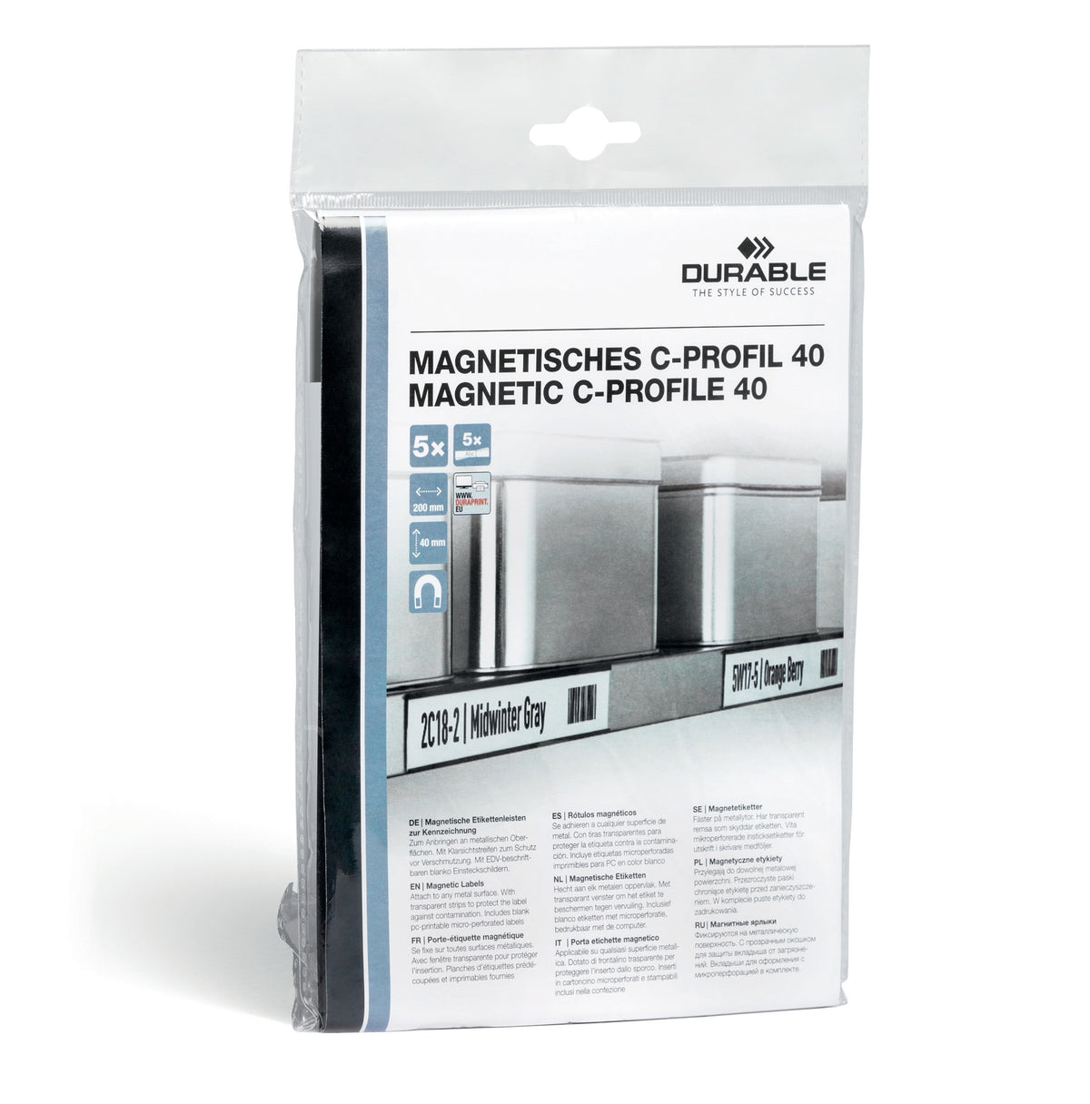DURABLE Etikettenhalter 200x20 mm C-Profil magnetisch – 5 Stück inkl. DIN A5 Beschriftungsbogen