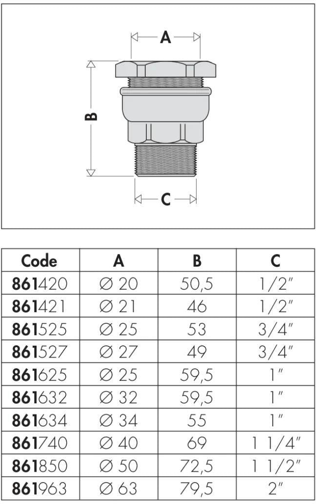 CALEFFI Anschlussverschraubung AG 20 mm x 1/2" AG für PE-Kunststoffrohr, Messing, Serie 861