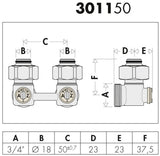 CALEFFI Zweirohr Hahnblock Eck 3/4 Zoll IG x 3/4 Zoll AG – Serie 301 für Heizkörper