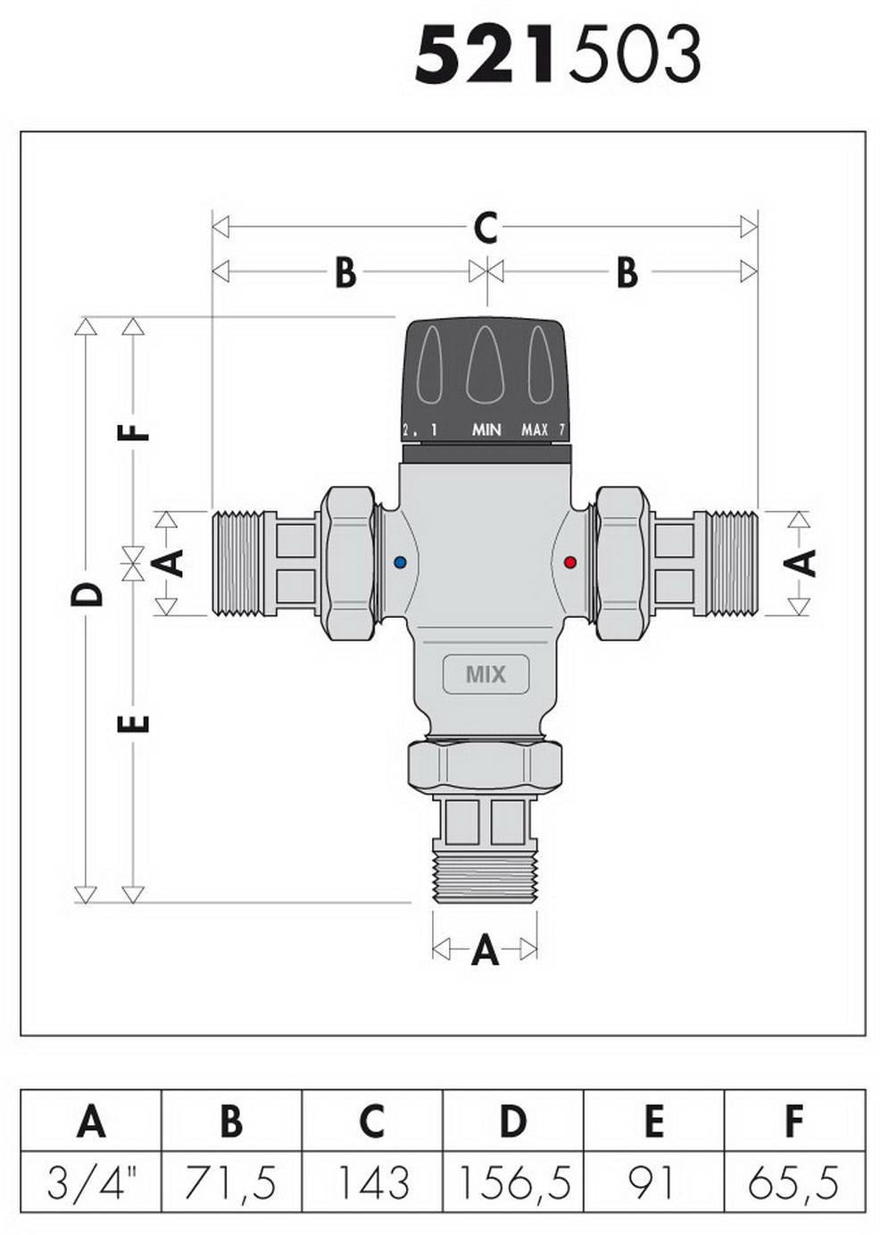 CALEFFI Thermomischer 521 mit Rückschlagventilen 3/4" AG, 30-65 °C einstellbar, Messing verchromt