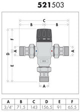 CALEFFI Thermomischer 521 mit Rückschlagventilen 3/4" AG, 30-65 °C einstellbar, Messing verchromt