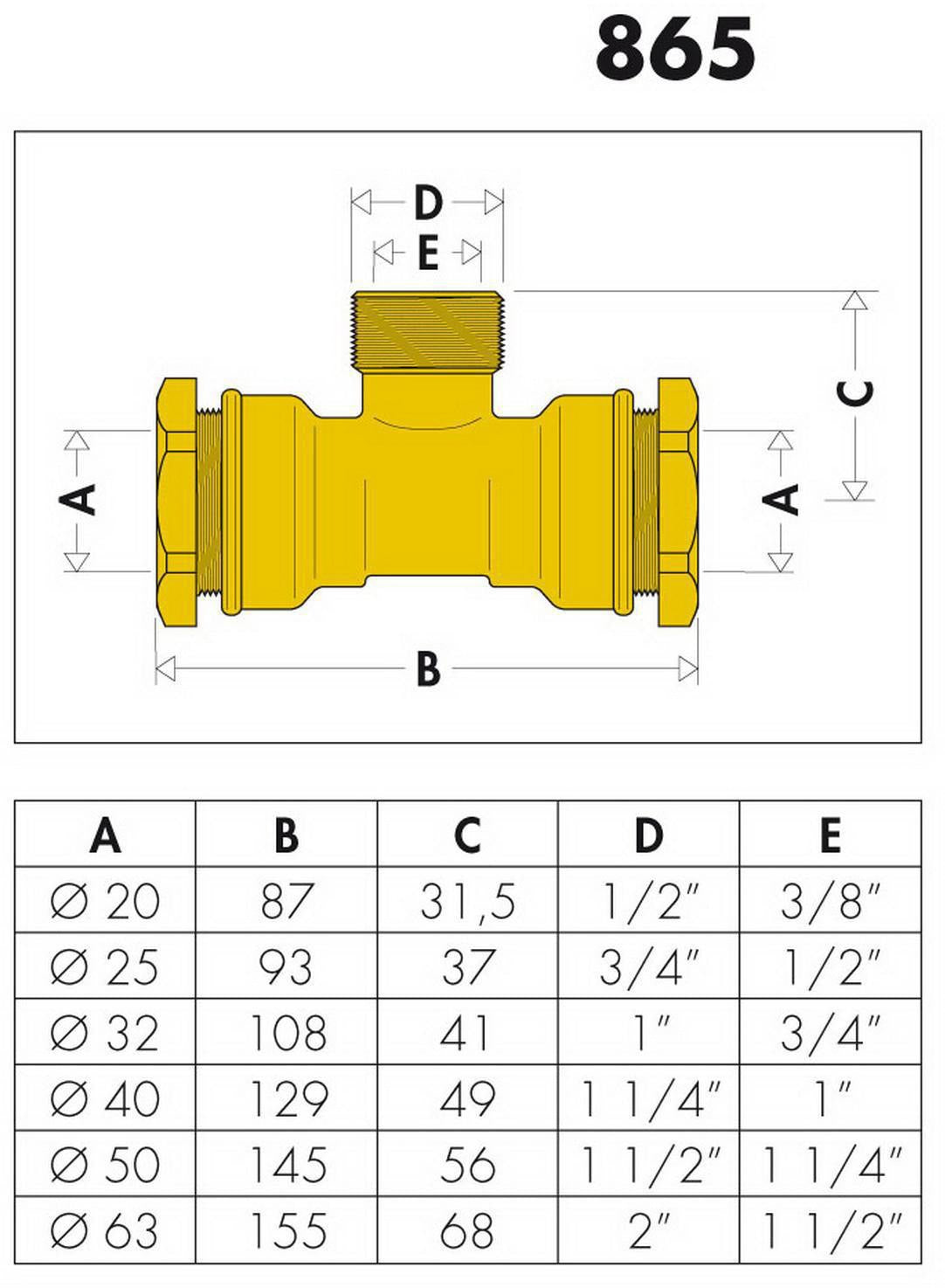 CALEFFI T-Verschraubung 865 reduziert 20 mm x 1/2" AG x 3/8" IG für PE-Rohr