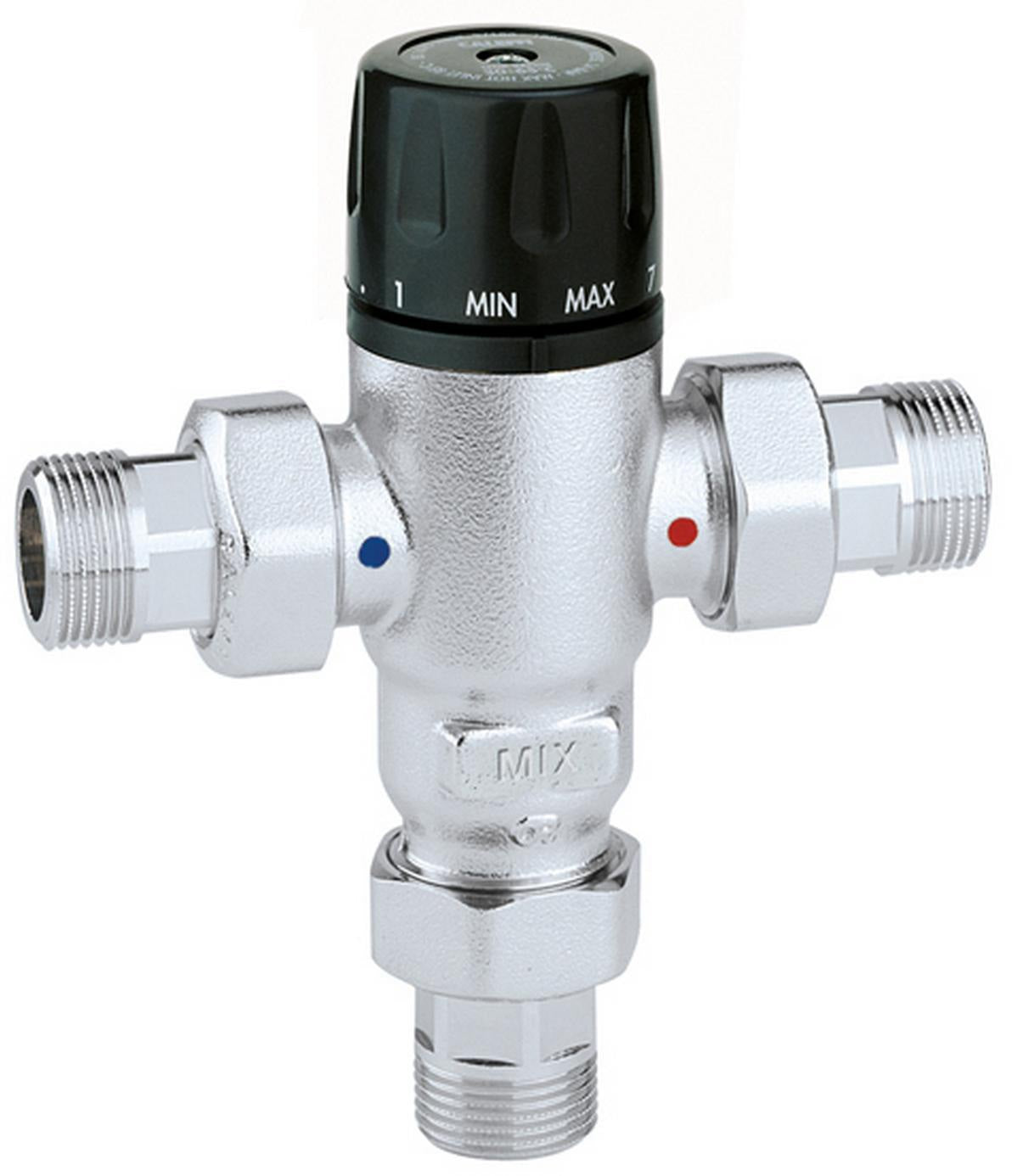 CALEFFI Thermomischer 521 mit Rückschlagventilen 3/4" AG, 30-65 °C einstellbar, Messing verchromt