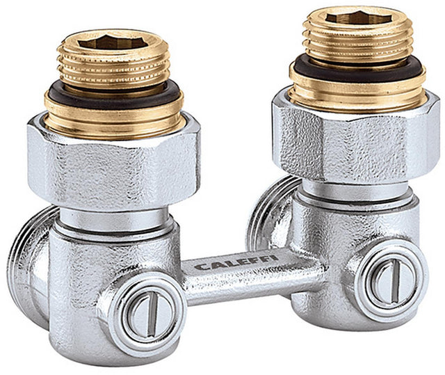 CALEFFI Zweirohr-Hahnblock Eck 1/2" AG x 3/4" AG mit Reduziernippel – Serie 301