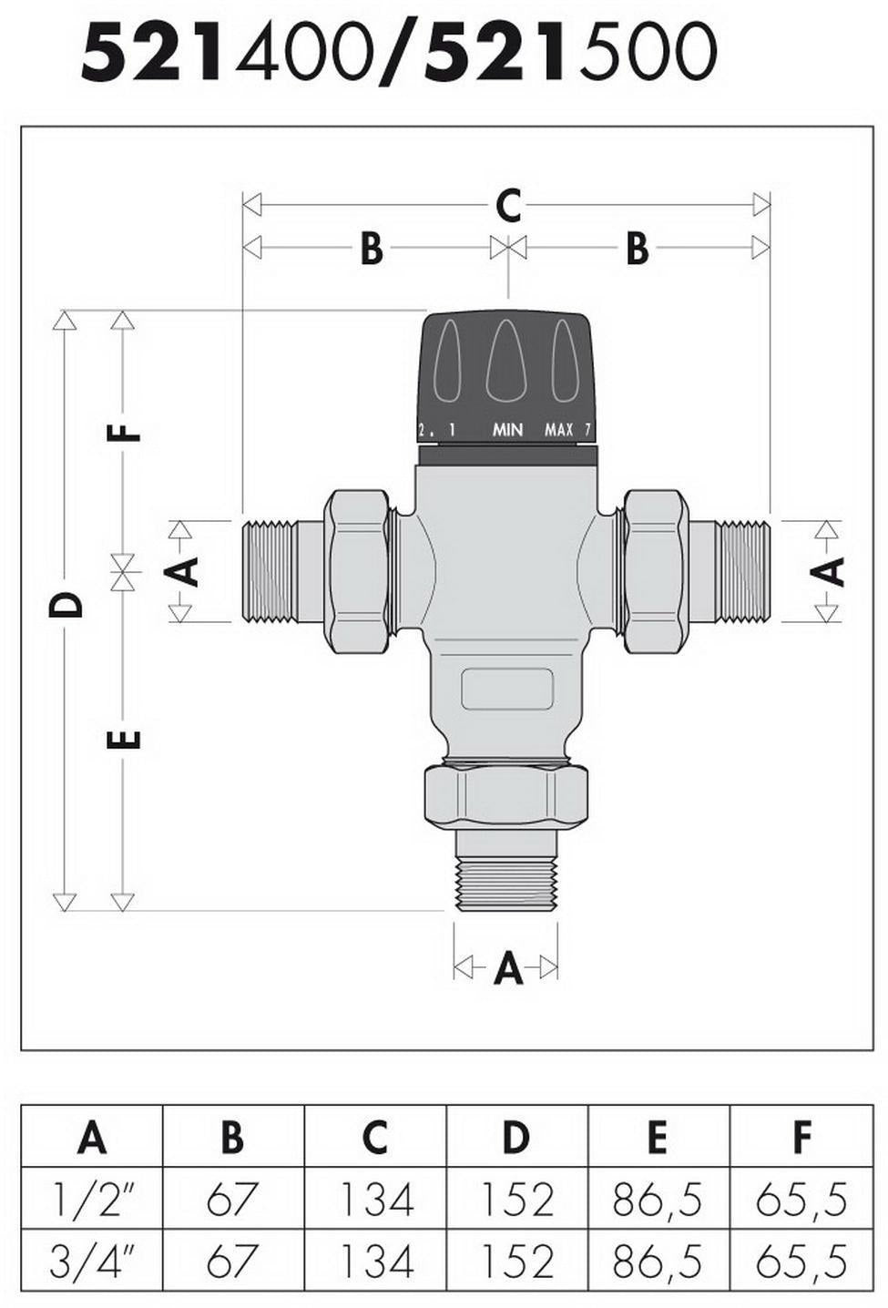 CALEFFI Thermomischer 521 einstellbar, verchromt, 3/4" AG, 30-65 °C