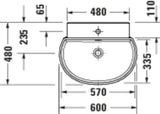 DURAVIT Balcoon Waschtisch 600x480 mm mit Überlauf, Hahnloch und Halbsäule in Weiß