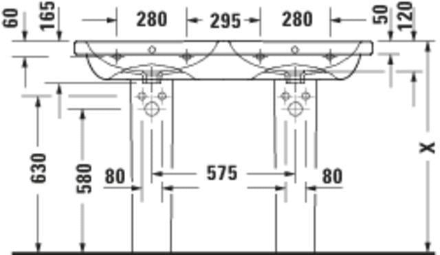DURAVIT D-Code Doppelwaschtisch 1200 mm, 2 Becken mit Überlauf, je 1 Hahnloch, weiß