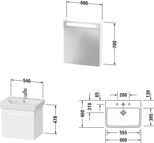 Duravit No.1 Möbel-Set 550x450mm mit Waschtisch, Unterbau und Spiegelschrank – Weiß Matt