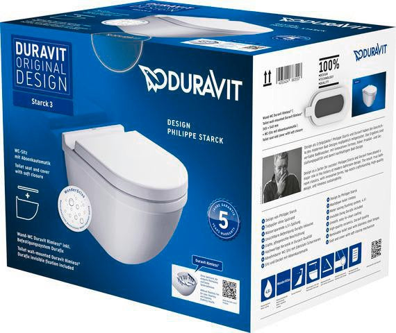 DURAVIT Wand-WC Set Starck 3 spülrandlos Weiß Tiefspüler mit WC-Sitz und Absenkautomatik