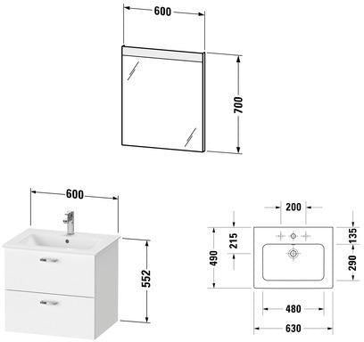 DURAVIT XBase Möbel-Set 630 mm mit Waschtisch, Unterbau, 2 Schubladen & Spiegel – Weiß Glänzend