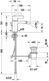 Duravit D-Neo Einhebel-Bidetmischer Chrom mit Zugstangen-Ablaufgarnitur, 125 mm Ausladung