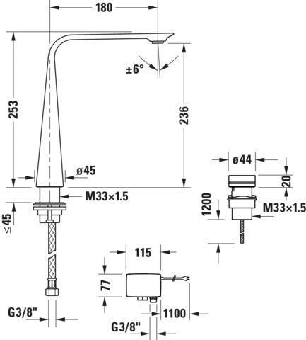 Duravit D.1 2-Loch Waschtischarmatur elektronisch XL Chrom – Netzbetrieb, 180 mm Ausladung
