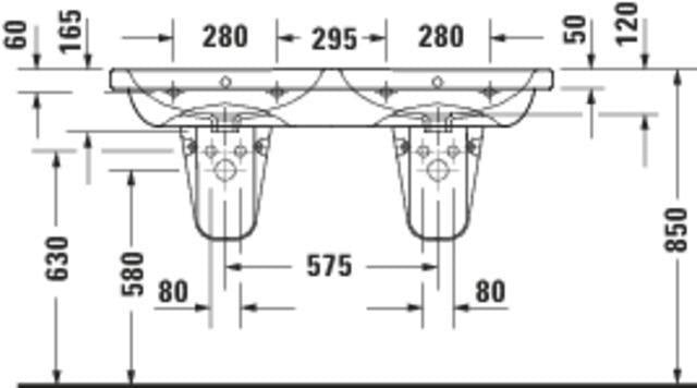 DURAVIT D-Code Doppelwaschtisch 1200 mm, 2 Becken mit Überlauf, je 1 Hahnloch, weiß