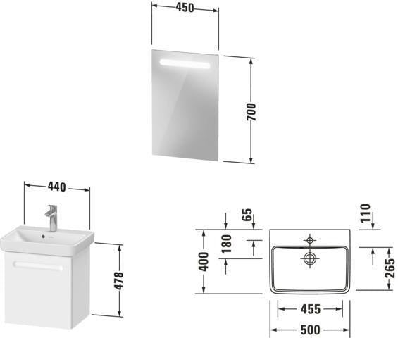 Duravit No.1 Möbel-Set 500x390mm Graphit Matt mit Waschtisch, Unterbau, Spiegel und LED-Beleuchtung