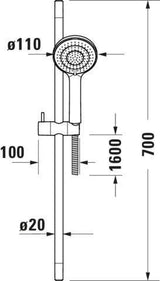 DURAVIT Brauseset 700 mm mit Handbrause 3-Jet Soft Rain, Brausestange & Schlauch 1600 mm, Chrom