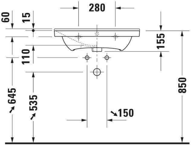 DURAVIT Möbelwaschtisch P3 Comforts 650 mm weiß mit Überlauf und Hahnlochbank