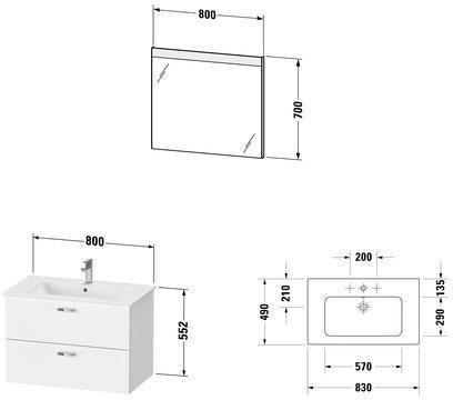 DURAVIT XBase Möbel-Set 830 mm Weiß Glänzend mit Waschtisch, Unterbau, 2 Schubkästen & Spiegel