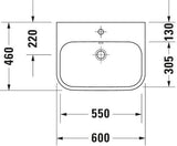 Aufsatzbecken Happy D.2 Plus 600 mm von DURAVIT – mit Überlauf, Hahnlochbank und geschliffener Oberfläche