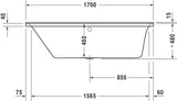 Duravit P3 Comforts Rechteck-Badewanne 1700x700 mm, Einbauwanne mit linker Rückenschräge, weiß