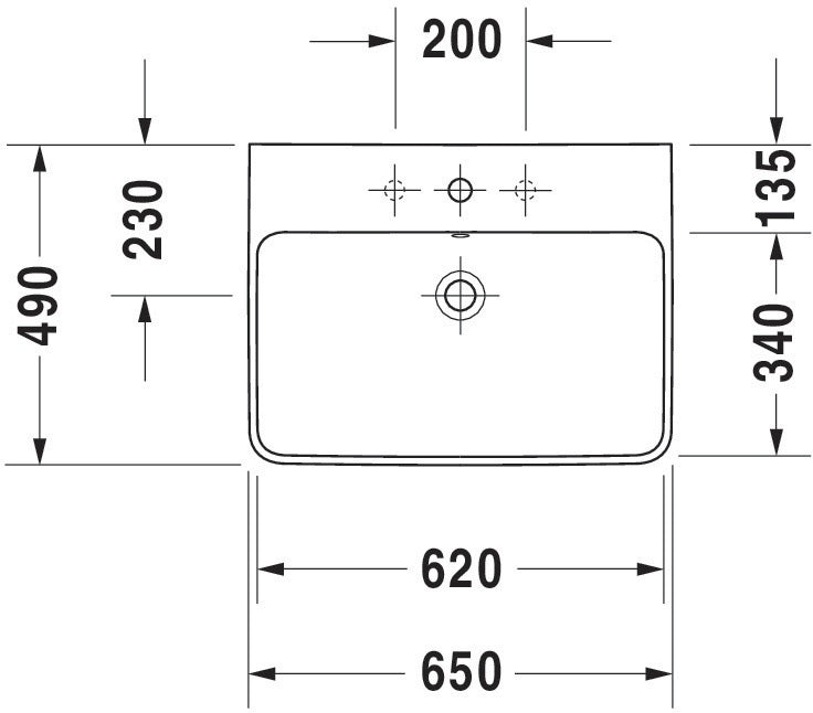 DURAVIT Waschtisch ME by Starck 650x490mm mit Überlauf, 3 Hahnlöcher, WonderGliss Weiß