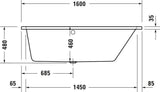 Duravit No.1 Whirlwanne 1500x800mm Trapez Einbau mit 6 Chromdüsen und Fußgestell