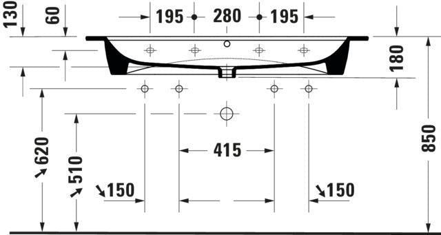 DURAVIT ME by Starck Möbelwaschtisch 1230 mm weiß mit Überlauf, ohne Hahnloch