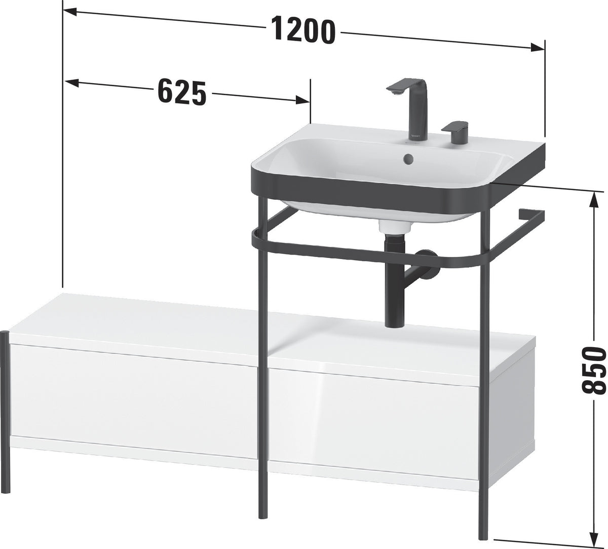 Duravit Waschtischset Happy D.2 Plus 1200x490mm ein Hahnloch taupe supermatt mit Metallkonsole