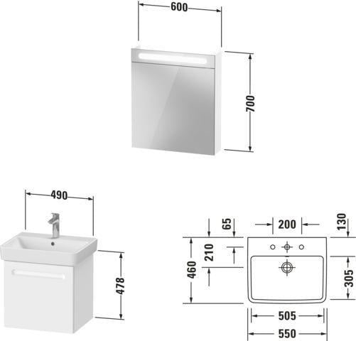 Duravit No.1 Möbel-Set 600x450mm, Waschtisch mit Unterbau und Spiegelschrank, Weiß Matt