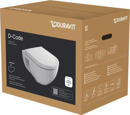 Duravit D-Code 2.0 WC-Set wandhängend, spülrandlos, 4/2L, mit WC-Sitz und Absenkautomatik, Weiß Hochglanz