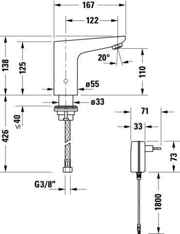 DURAVIT Sensor 1 Waschtischmischer elektronisch – Chrom, Netzanschluss, 122 mm Ausladung