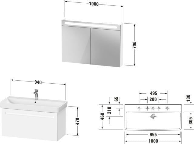 Duravit No.1 Möbel-Set 1000x450mm mit Waschtisch, Unterbau, Spiegel und LED-Beleuchtung in Graphit Matt