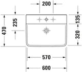 Duravit Waschtisch P3 Comforts 600 mm mit Überlauf und Hahnlochbank, wandhängend, weiß