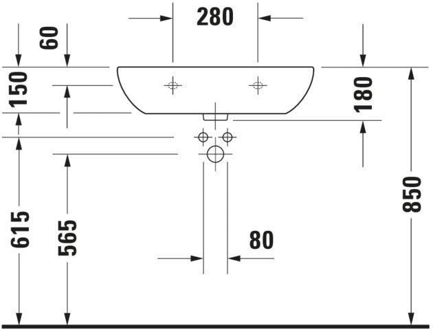 DURAVIT D-Code Waschtisch 650 mm weiß ohne Überlauf mit Hahnlochbank – Wandmontage