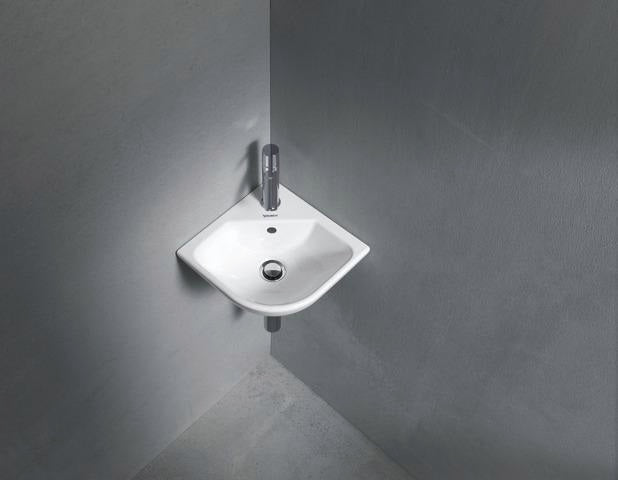 Duravit Eck-Handwaschbecken ME by Starck 435 mm mit Überlauf und 1 Hahnloch, weiß seidenmatt