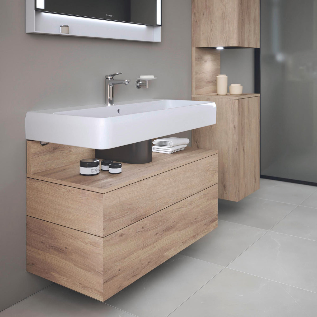 DURAVIT Qatego Hochschrank 400 mm, 2 Türen, weiß Hochglanz, Eiche Schw. Matt
