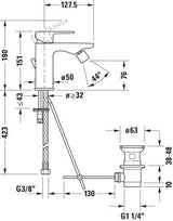 DURAVIT B.3 Einhebel-Bidetmischer mit Zugstangen-Ablaufgarnitur, chrom, 128 mm Ausladung