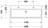 Duravit Waschtisch Vero Air 1200 mm mit Überlauf, 2 Hahnlöchern, 1 Becken, geschliffen, weiß
