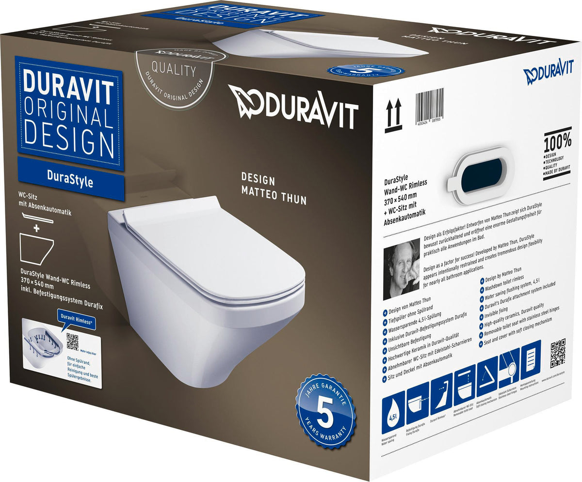 DURAVIT DuraStyle Wand-WC-Set 370x540mm weiß spülrandlos mit WC-Sitz Absenkautomatik