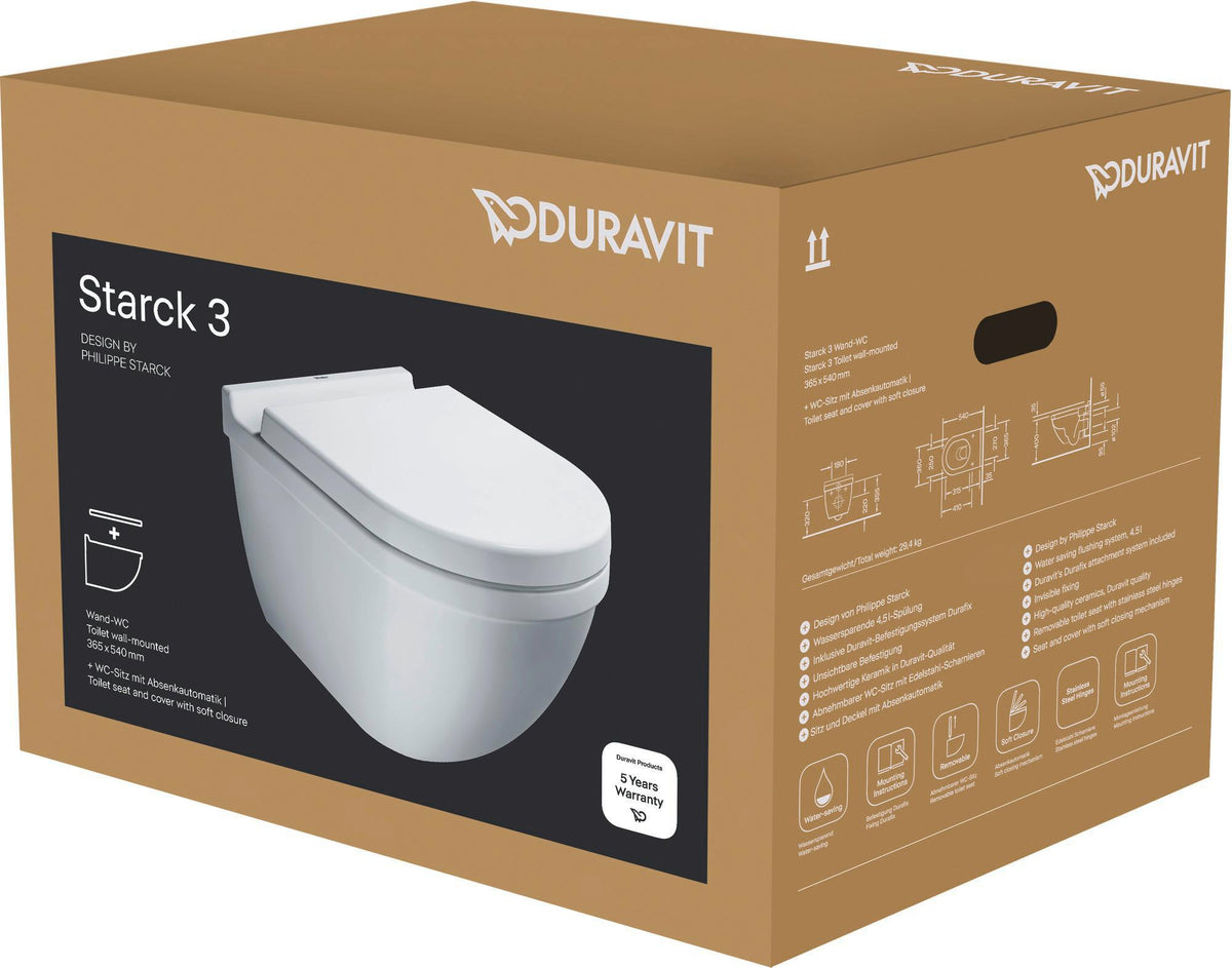 DURAVIT Wand-WC-Set Starck 3 Tiefspüler weiß mit WC-Sitz Absenkautomatik