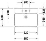 DURAVIT Waschtisch ME by Starck 650x490mm mit Überlauf, 3 Hahnlöcher, WonderGliss Weiß